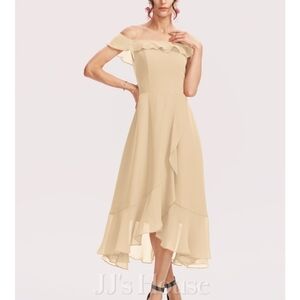 JJs House Off-Shoulder Beige High-Low Dress